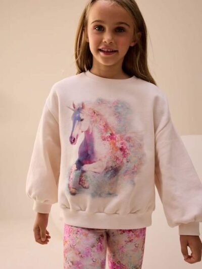 Cream/Pink Unicorn Sweatshirt And Leggings Set
