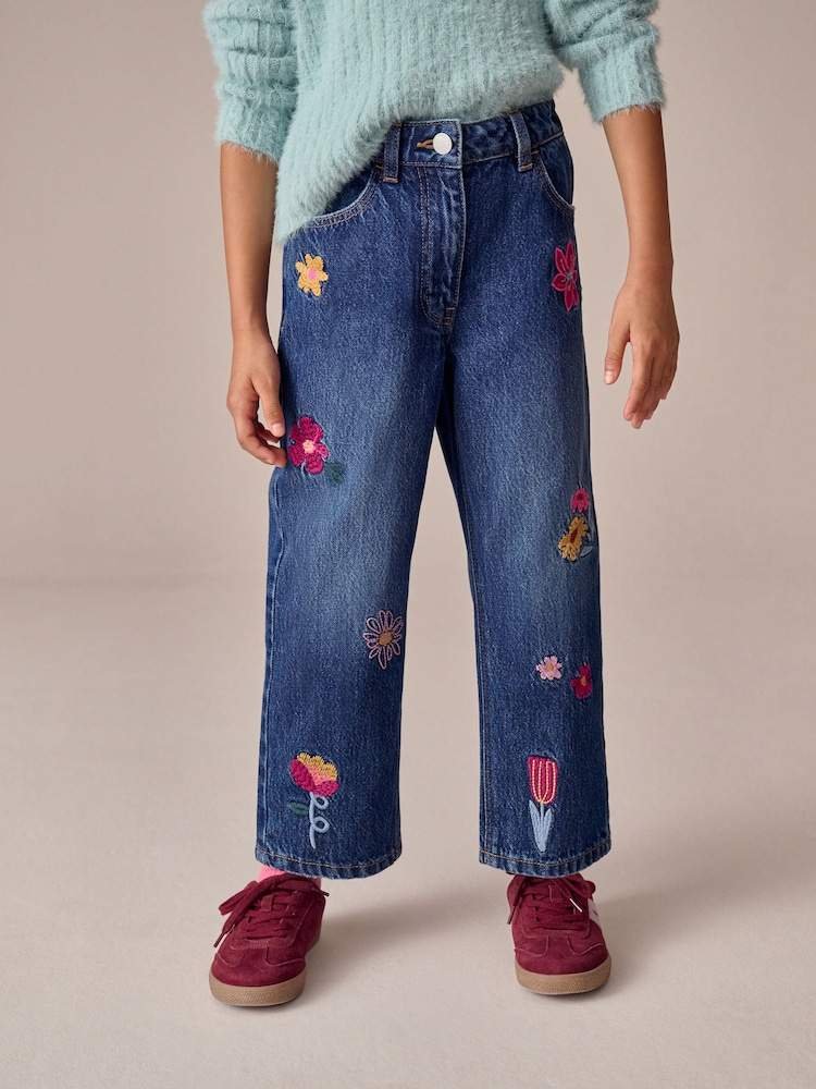 Mid Blue Floral Embroidered Straight Leg Jeans