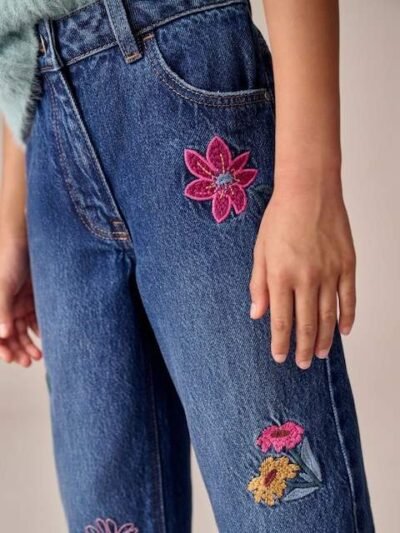 Mid Blue Floral Embroidered Straight Leg Jeans