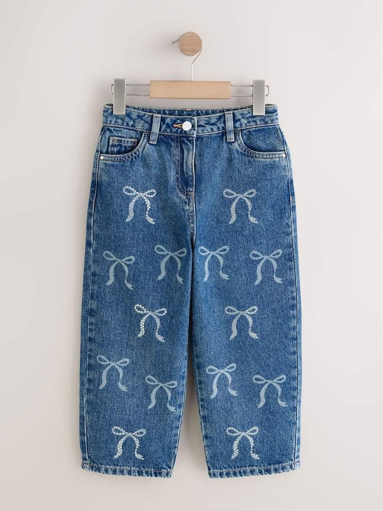 Mid Blue Bow Embellished Barrel Jeans