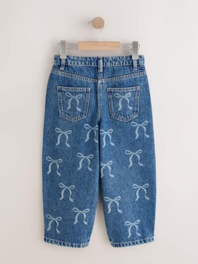 Mid Blue Bow Embellished Barrel Jeans