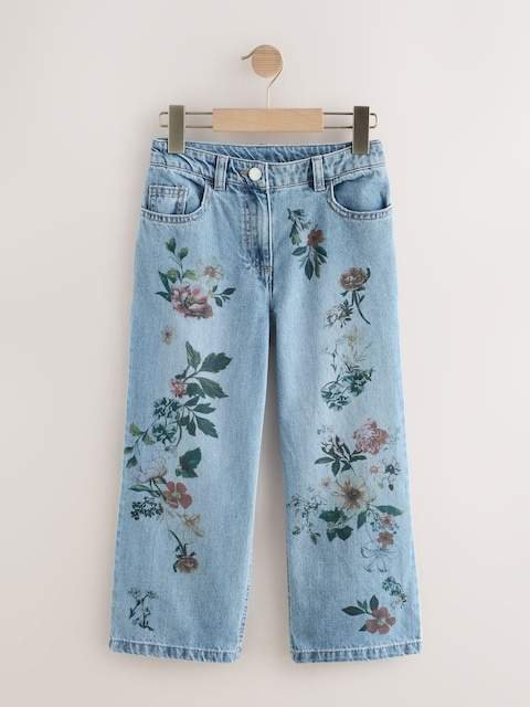Mid Blue Denim Floral Print Wide Leg Jeans