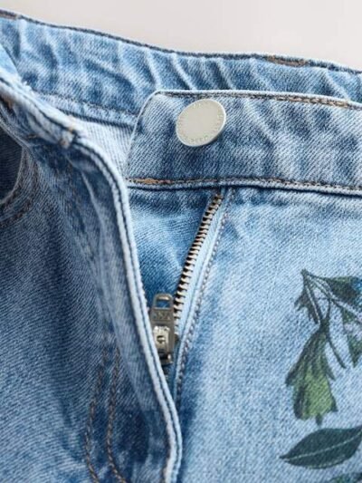 Mid Blue Denim Floral Print Wide Leg Jeans