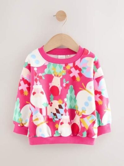 Bright Pink Christmas Print Crew Neck Sweatshirt