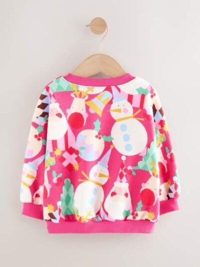 Bright Pink Christmas Print Crew Neck Sweatshirt