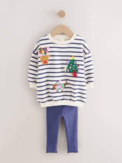 Cream/Navy Stripe Christmas Sweatshirt & Leggings Set