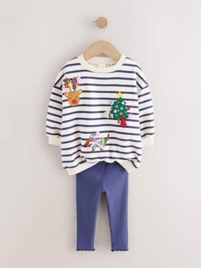 Cream/Navy Stripe Christmas Sweatshirt & Leggings Set