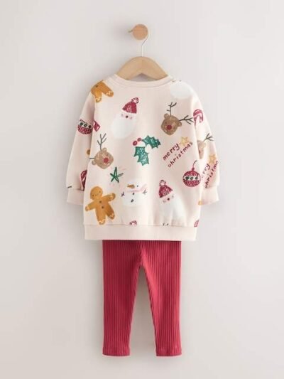Beige/Red Christmas Print Sweatshirt & Leggings Set