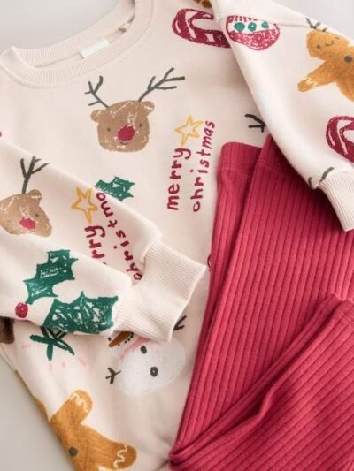 Beige/Red Christmas Print Sweatshirt & Leggings Set