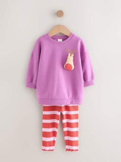 Purple Squeaky Reindeer Christmas Sweatshirt & Leggings Set
