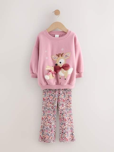 Pink Deer & Bunny Sweatshirt and Flare Leggings Set