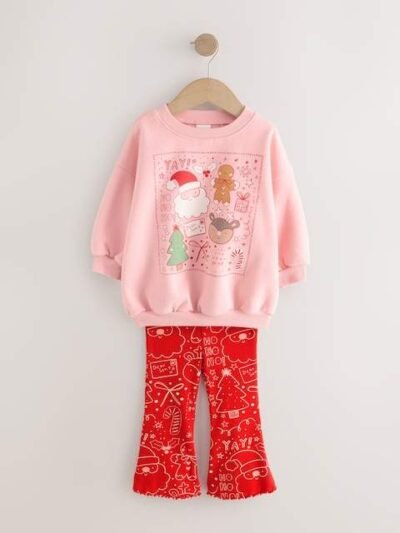 Pink/Red Christmas Sweatshirt and Flare Leggings Set