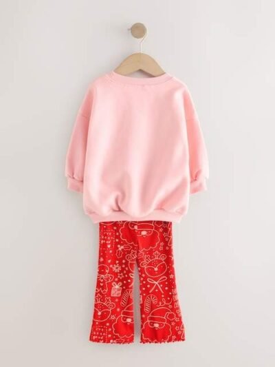 Pink/Red Christmas Sweatshirt and Flare Leggings Set