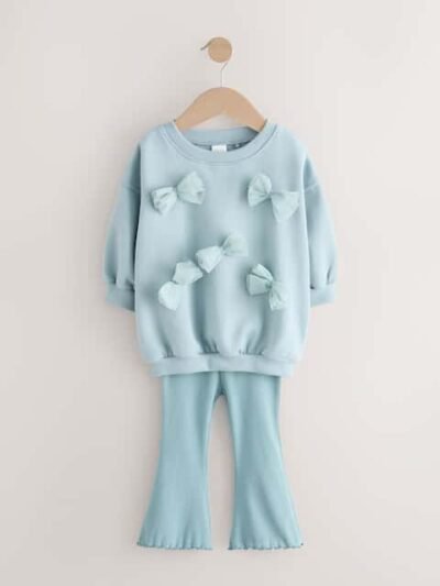 Blue Bow Sweatshirt & Flare Leggings Set