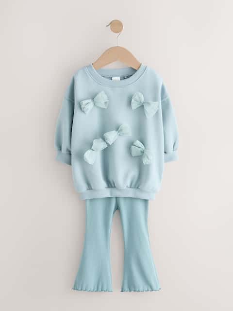 Blue Bow Sweatshirt & Flare Leggings Set