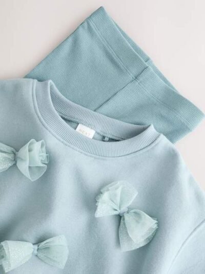 Blue Bow Sweatshirt & Flare Leggings Set