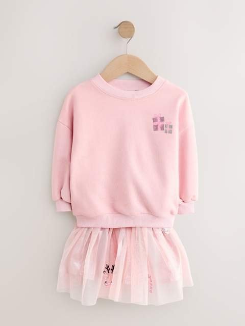Pink Christmas Long Sleeve Top and Skirt Set