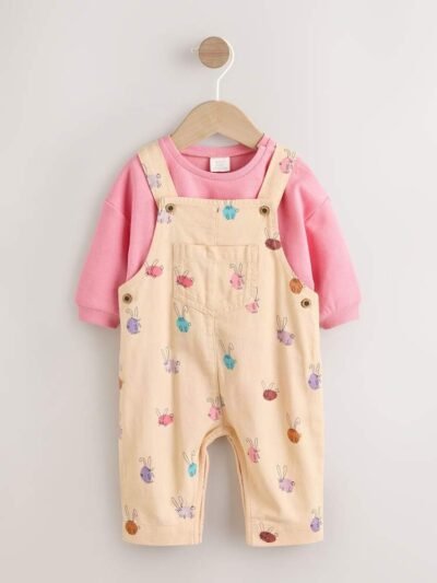 Cream/Pink Rabbit Baby Dungaree and Bodysuit Two Piece Set