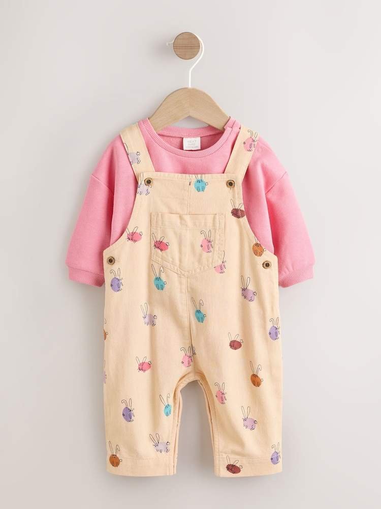 Cream/Pink Rabbit Baby Dungaree and Bodysuit Two Piece Set