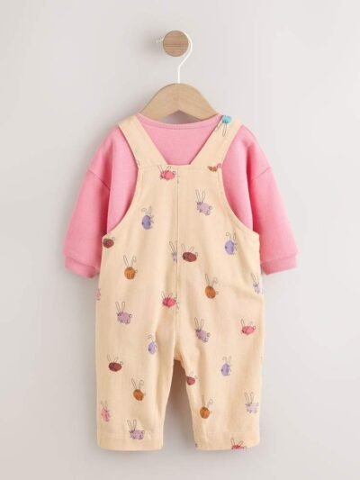 Cream/Pink Rabbit Baby Dungaree and Bodysuit Two Piece Set