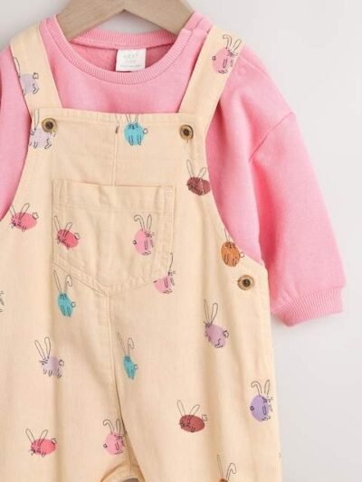 Cream/Pink Rabbit Baby Dungaree and Bodysuit Two Piece Set