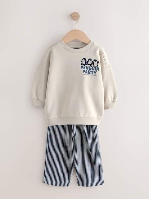 Ecru White Penguin Single Sweatshirt And Stripe Joggers Set