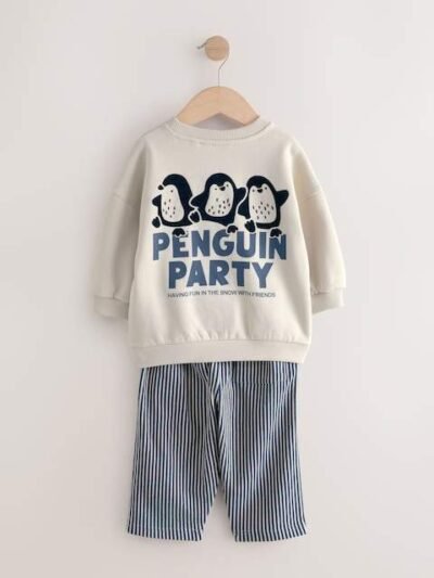 Ecru White Penguin Single Sweatshirt And Stripe Joggers Set