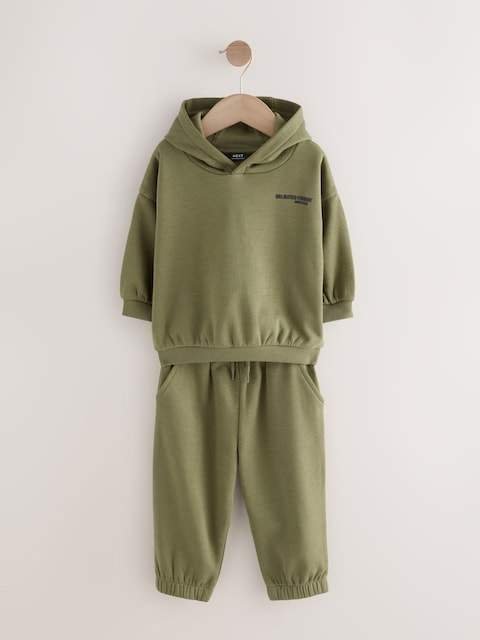 Khaki Green Slogan Hoodie and Joggers Set