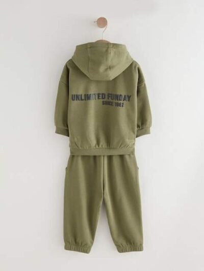 Khaki Green Slogan Hoodie and Joggers Set