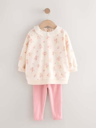 Light Pink Ditsy Floral Collar Sweatshirt and Leggings Set