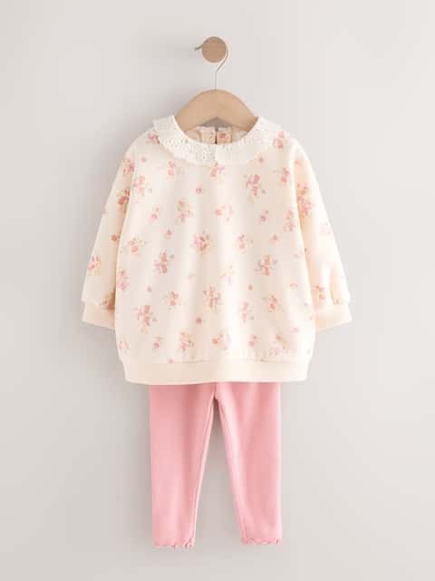 Light Pink Ditsy Floral Collar Sweatshirt and Leggings Set