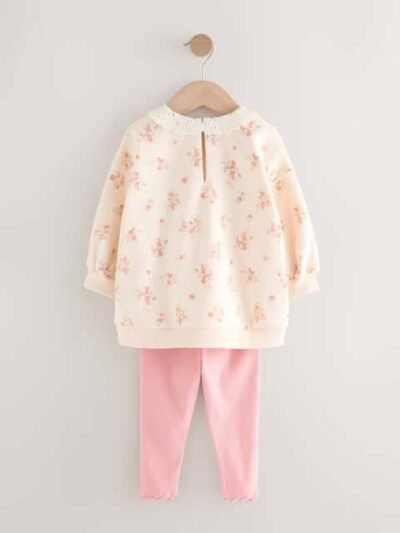 Light Pink Ditsy Floral Collar Sweatshirt and Leggings Set