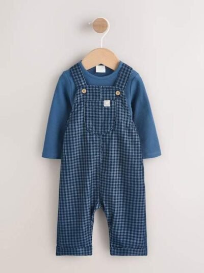 Blue Check Baby Cord Dungaree and Bodysuit Set