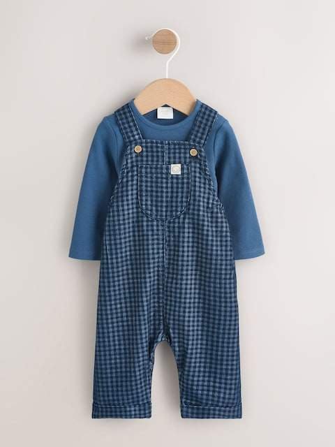 Blue Check Baby Cord Dungaree and Bodysuit Set