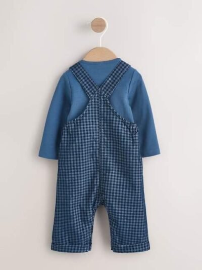 Blue Check Baby Cord Dungaree and Bodysuit Set