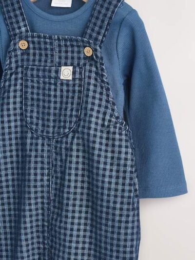 Blue Check Baby Cord Dungaree and Bodysuit Set