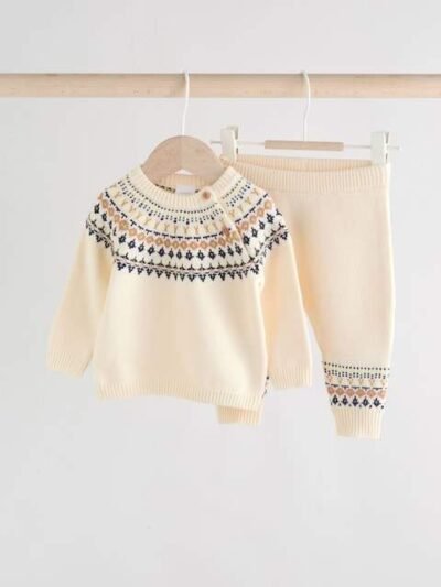 Cream Fairisle Baby Knitted Top and Leggings Set
