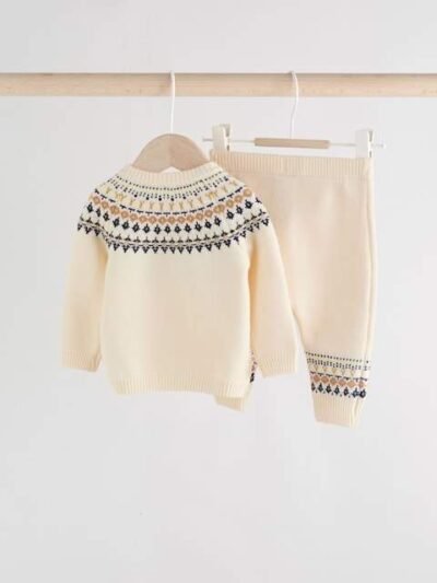 Cream Fairisle Baby Knitted Top and Leggings Set