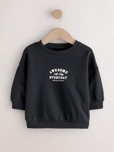Black Awesome Everyday Back Printed Crew Neck Jersey Sweatshirt