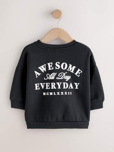Black Awesome Everyday Back Printed Crew Neck Jersey Sweatshirt