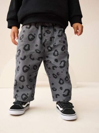 Charcoal Grey Leopard Print Pull On Wide Trousers