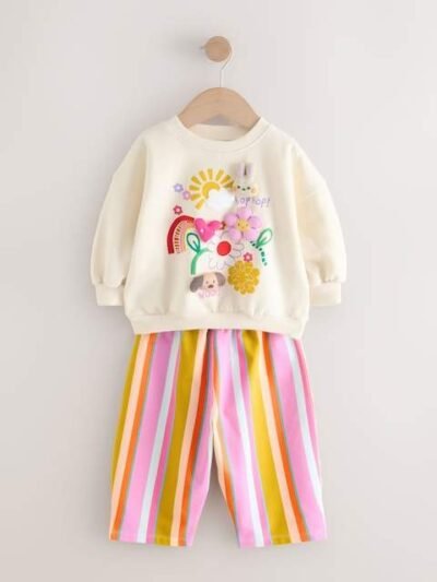 Cream Stripe Padded Characters Sweatshirt and Barrel Leg Joggers Set