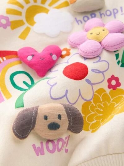 Cream Stripe Padded Characters Sweatshirt and Barrel Leg Joggers Set