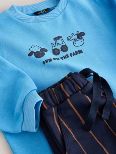Blue Farm Animal Single Sweatshirt And Stripe Joggers Set