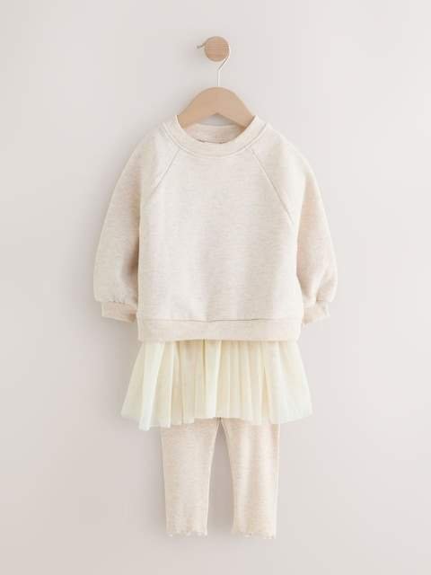 Neutral Sweatshirt Skirt and Leggings 2 Piece Set