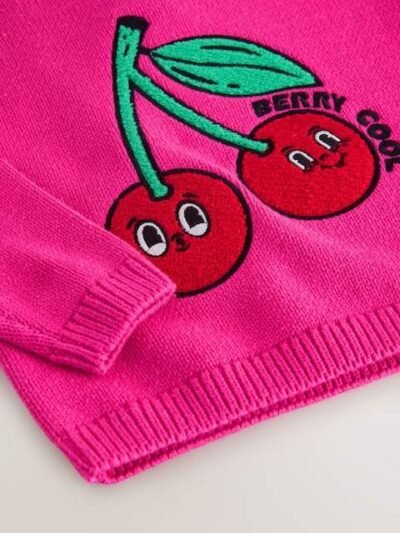 Pink Cherry Embroidered Knitted Jumper