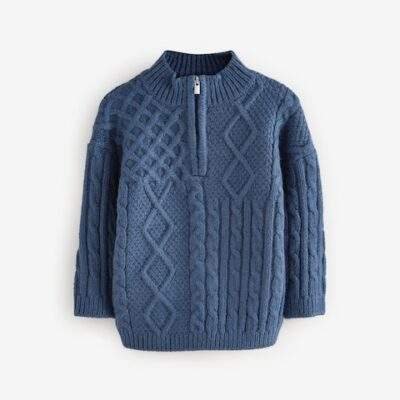 Navy Blue Cable Knit Zip Neck Jumper