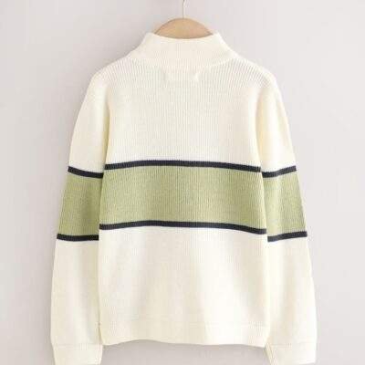 Ecru/Green Colourblock Zip Neck Knitted Jumper