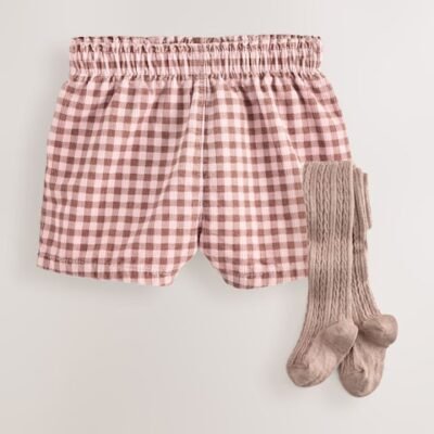Pink Gingham Corduroy Shorts and Tights Set