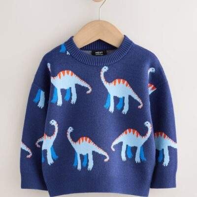 Blue Dinosaur Knitted Crew Neck Jumper